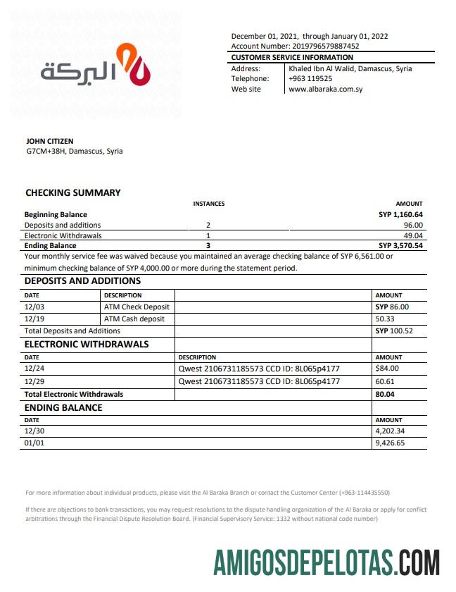 Syria Al Baraka extrato bancário amostra
